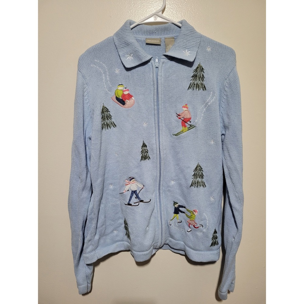 Fieldgear Cardigan Sweater‎ Women Medium Blue Embroidered Winter Ski Scene